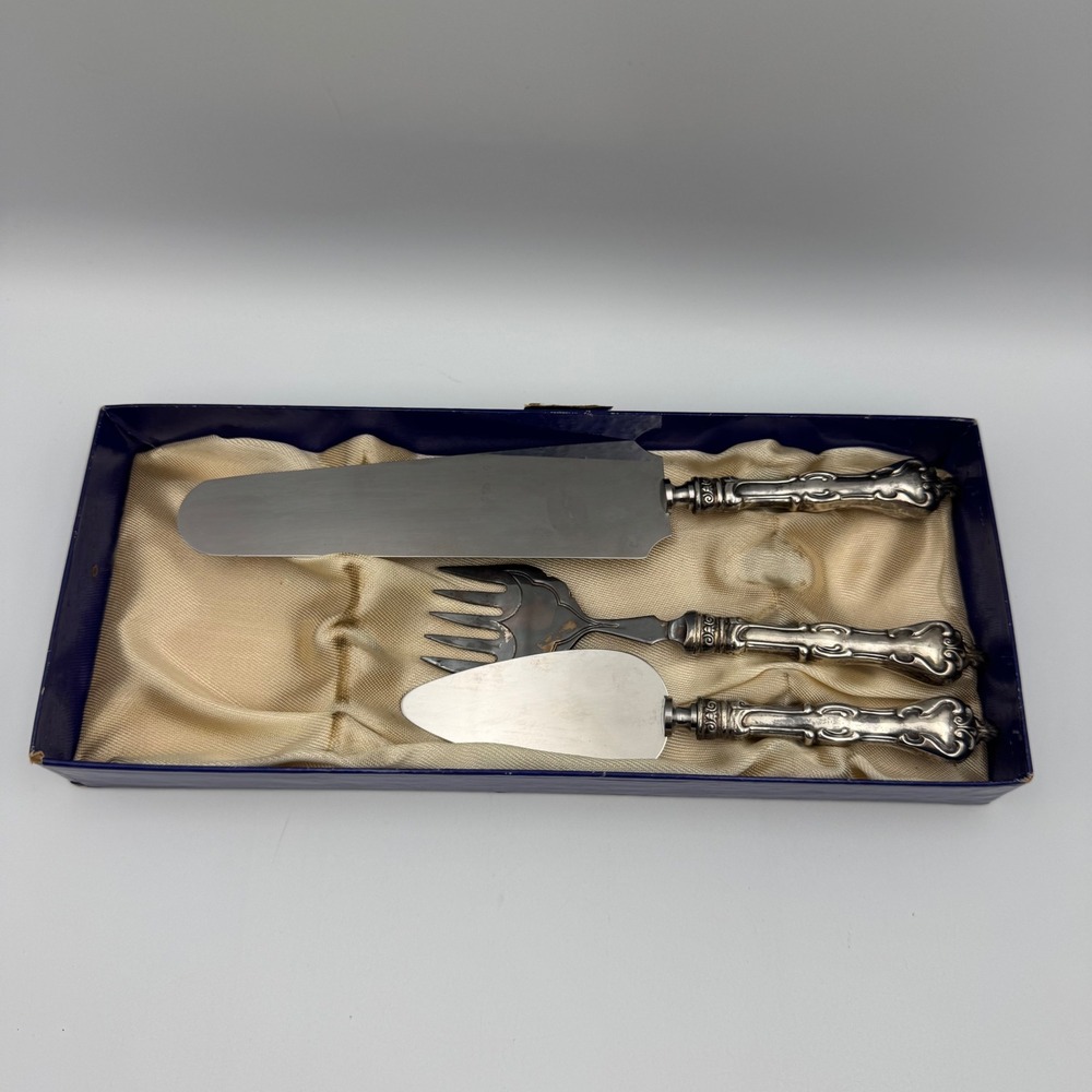 Vintage Ornate Silver Plated 3pc Cake Pie Serving Set Stainless Steel Blades Box
